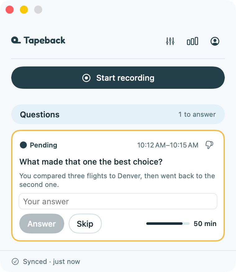 The Tapeback app with a question to answer